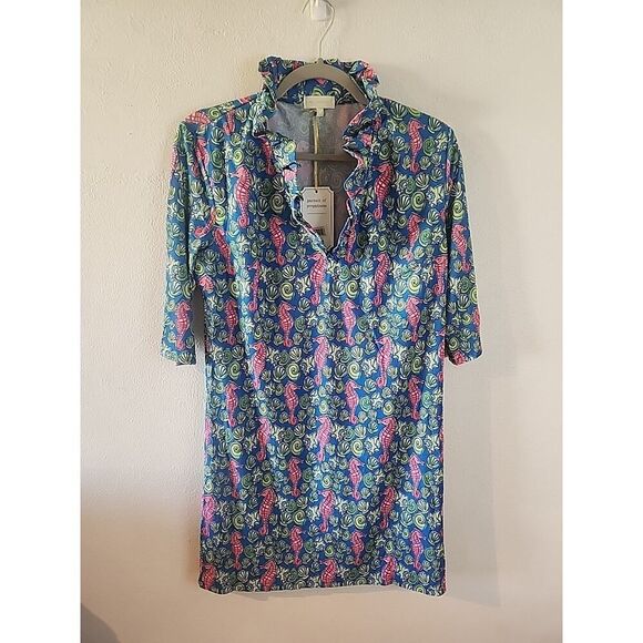 Simply Southern Dress Women's M Bright Pink Sea horse Shells Ruffle Neck Summer - Picture 1 of 4